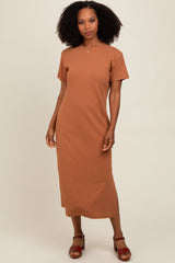 Camel Short Sleeve Side Slit Maternity T-Shirt Midi Dress