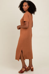 Camel Short Sleeve Side Slit T-Shirt Midi Dress