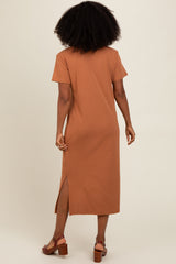 Camel Short Sleeve Side Slit T-Shirt Midi Dress