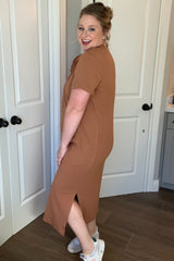 Camel Short Sleeve Side Slit T-Shirt Midi Dress