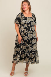 Black Floral Chiffon Ruffle Hem Maternity Plus Midi Dress