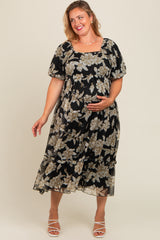 Black Floral Chiffon Ruffle Hem Maternity Plus Midi Dress