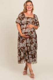 Brown Floral Chiffon Ruffle Hem Maternity Plus Midi Dress