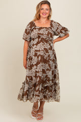 Brown Floral Chiffon Ruffle Hem Maternity Plus Midi Dress