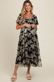 Black Floral Chiffon Ruffle Hem Maternity Midi Dress