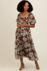 Brown Floral Chiffon Ruffle Hem Midi Dress