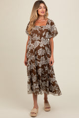 Brown Floral Chiffon Ruffle Hem Maternity Midi Dress