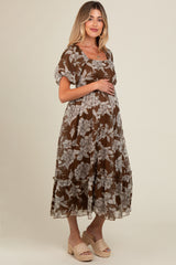 Brown Floral Chiffon Ruffle Hem Maternity Midi Dress