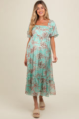 Mint Green Floral Chiffon Ruffle Hem Maternity Midi Dress