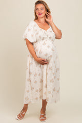 Beige Floral Textured Dot Smocked Sweetheart Neck Maternity Plus Midi Dress