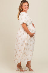 Beige Floral Textured Dot Smocked Sweetheart Neck Maternity Plus Midi Dress