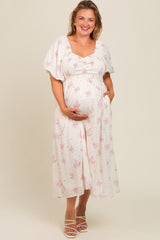 Pink Floral Textured Dot Smocked Sweetheart Neck Maternity Plus Midi Dress