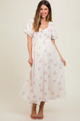 Pink Floral Textured Dot Smocked Sweetheart Neck Maternity Midi Dress