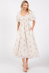 Pink Floral Textured Dot Smocked Sweetheart Neck Midi Dress