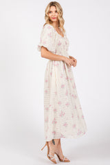 Pink Floral Textured Dot Smocked Sweetheart Neck Midi Dress