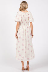 Pink Floral Textured Dot Smocked Sweetheart Neck Midi Dress