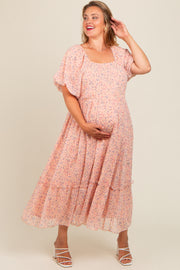 Peach Floral Ruffle Hem Maternity Plus Maxi Dress