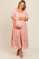 Peach Floral Ruffle Hem Maternity Plus Maxi Dress