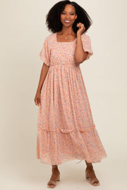 Peach Floral Ruffle Hem Maxi Dress