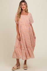 Peach Floral Ruffle Hem Maternity Maxi Dress