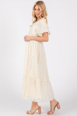 Cream Floral Square Neck Bubble Sleeve Maxi Dress