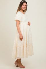 Cream Floral Square Neck Bubble Sleeve Maternity Maxi Dress