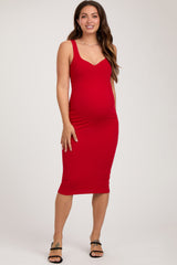 Red Sleeveless Ribbed Fitted Maternity Dress