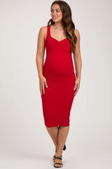 Red Sleeveless Ribbed Fitted Maternity Dress