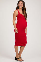 Red Sleeveless Ribbed Fitted Maternity Dress