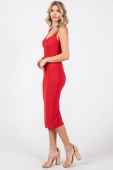 Red Sleeveless Ribbed Fitted Dress