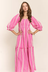 Pink Embroidered Detail Smocked Top Maxi Dress