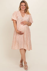 Peach Floral Puff Sleeve Plus Maternity Midi Dress