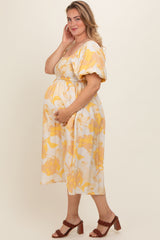 Yellow Floral Square Neck Smocked Short Puff Sleeve Maternity Plus Midi Dress