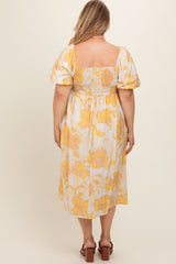 Yellow Floral Square Neck Smocked Short Puff Sleeve Maternity Plus Midi Dress