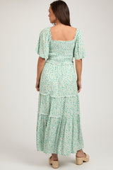 Green Floral Smocked Tiered Maternity Maxi Dress