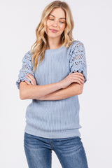 Light Blue Open Knit Short Puff Sleeve Maternity Sweater Top