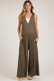 Olive Deep V Sleeveless Wide Leg Maternity Jumpsuit