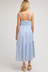 Blue Striped Sleeveless Tiered Maternity Maxi Dress