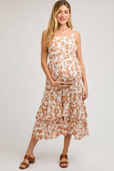 Camel Floral Sleeveless Ruffle Hem Maternity Maxi Dress