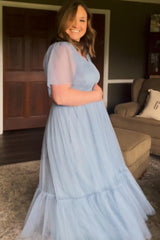 Blue Dotted Tulle Smocked Maternity Midi Dress