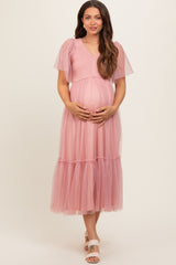 Mauve Dotted Tulle Smocked Maternity Midi Dress