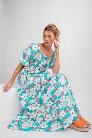 Aqua Floral Puff Sleeve Maxi Dress