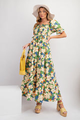 Green Floral Puff Sleeve Maxi Dress