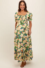 Green Floral Puff Sleeve Maternity Maxi Dress