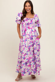 Magenta Floral Puff Sleeve Maternity Maxi Dress