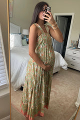 Light Olive Floral Sleeveless Tiered Maternity Midi Dress