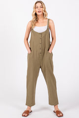 Olive Button Down Cropped Jumpsuit