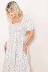 Cream Floral Smocked Square Neck Short Puff Sleeve Midi Dress