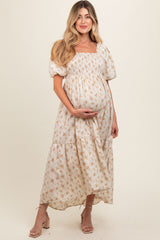 Cream Floral Smocked Square Neck Short Puff Sleeve Maternity Midi Dress