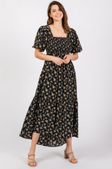 Black Floral Smocked Square Neck Short Puff Sleeve Midi Dress